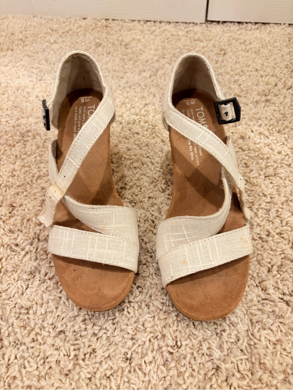 Toms Natural Beige Linen Crisscross Wedge Sandals